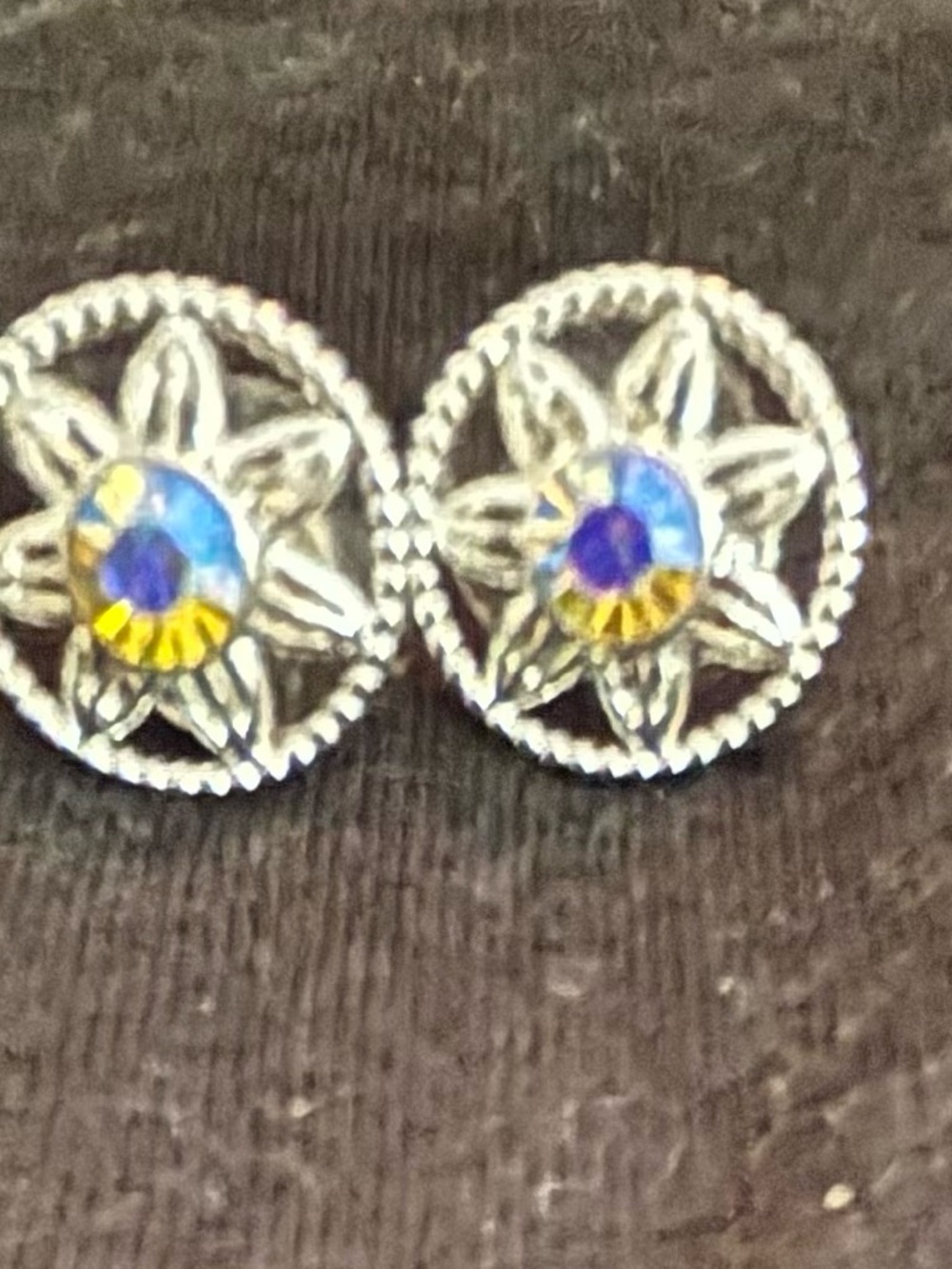 Silver Floral Stud Earrings with Blue and Yellow Crystal Accent